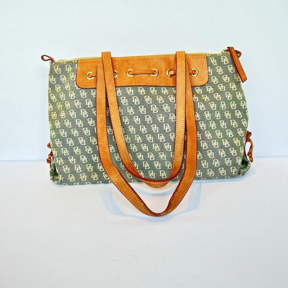 Dooney & Bourke DB Monogram￼Canvas Tote Bag Brown Leather Trim Zip Top - Picture 2 of 8